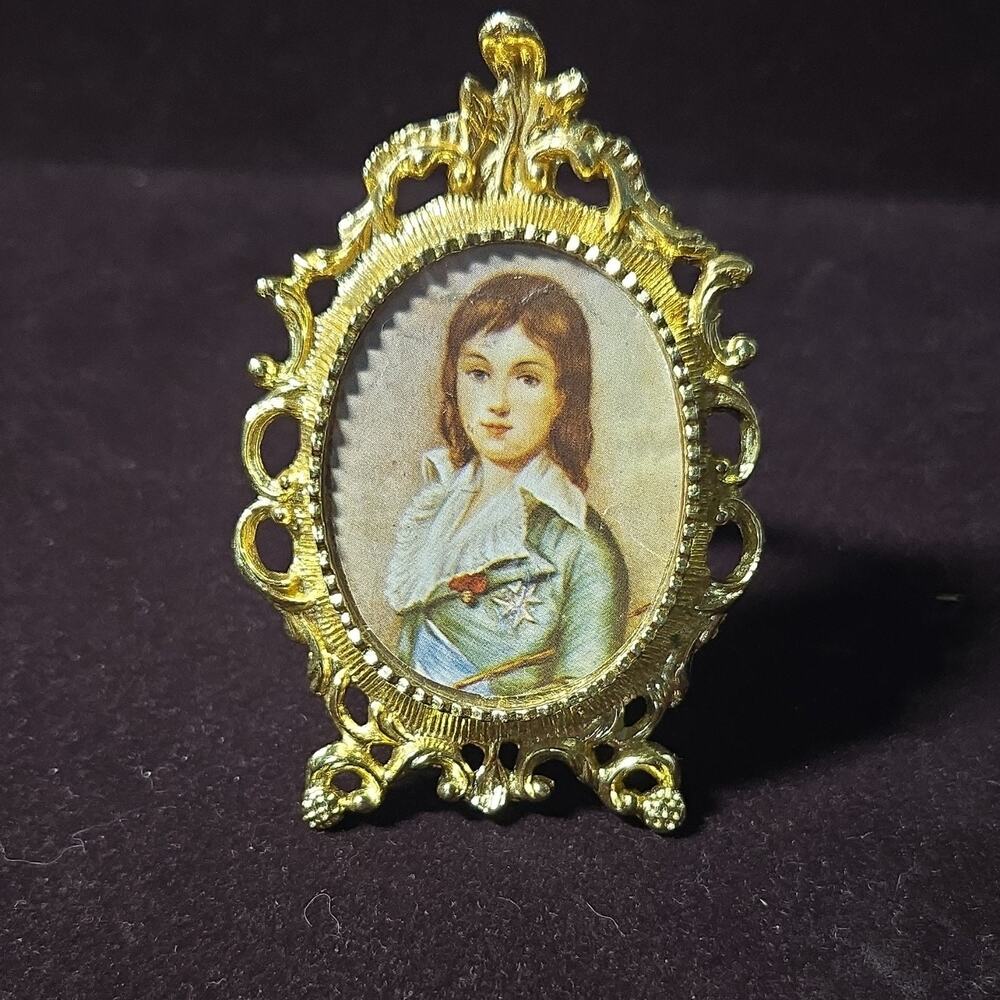 Vintage Miniature Portrait Louis XVII Ornate Gilt Frame Hollywood Regency 4"
